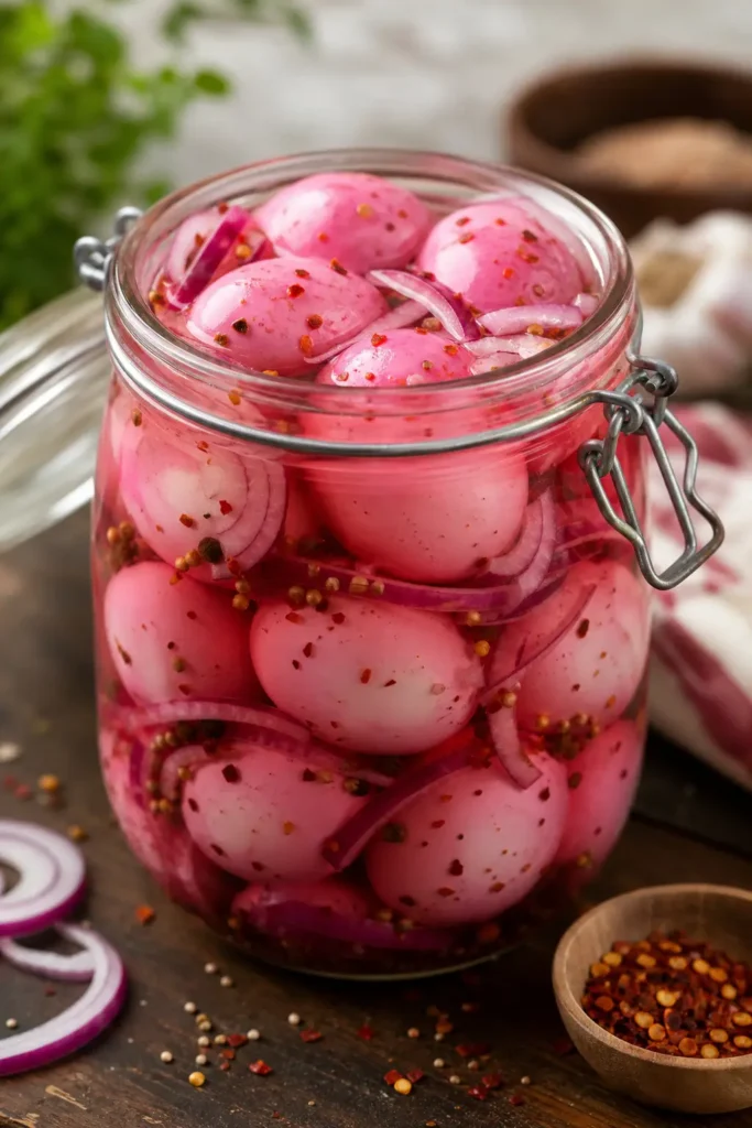 Pickled Eggs Recipe: Tangy Refrigerator Snack 3 Pickled Eggs finished dish