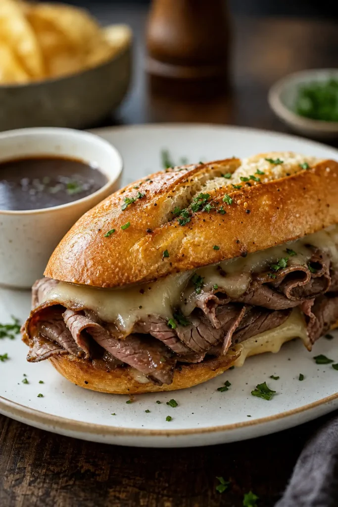 French Dip Sandwich with Easy Savory Au Jus 3 French Dip Sandwich finished dish