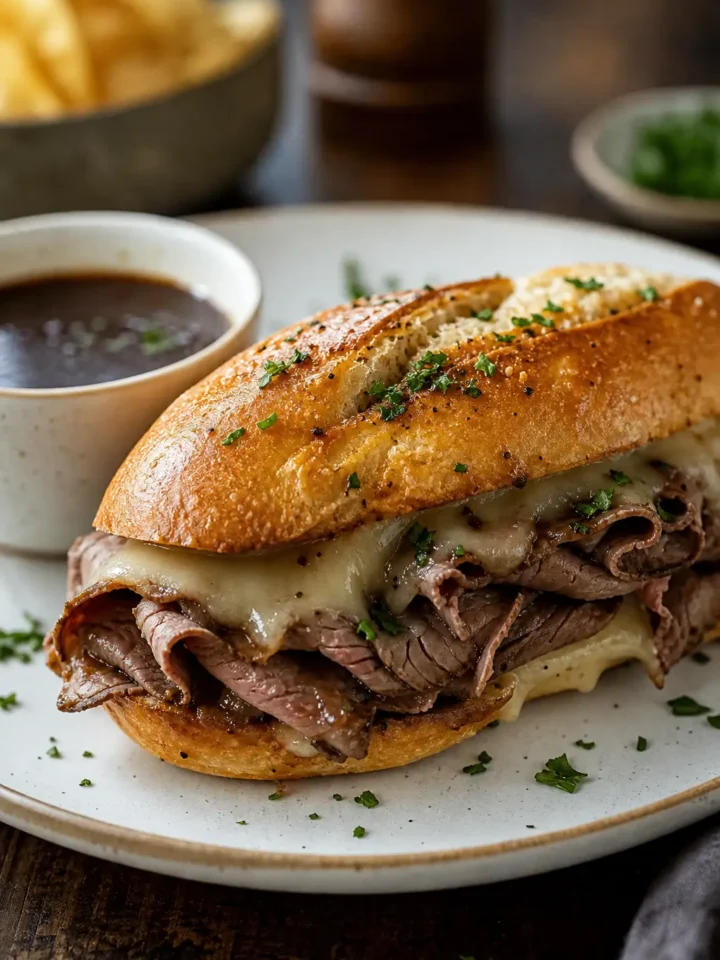 French Dip Sandwich with Easy Savory Au Jus 1 French Dip Sandwich finished dish