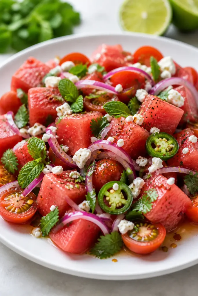 Spicy Watermelon Tomato Salad Recipe 3 Spicy Watermelon Tomato Salad finished dish