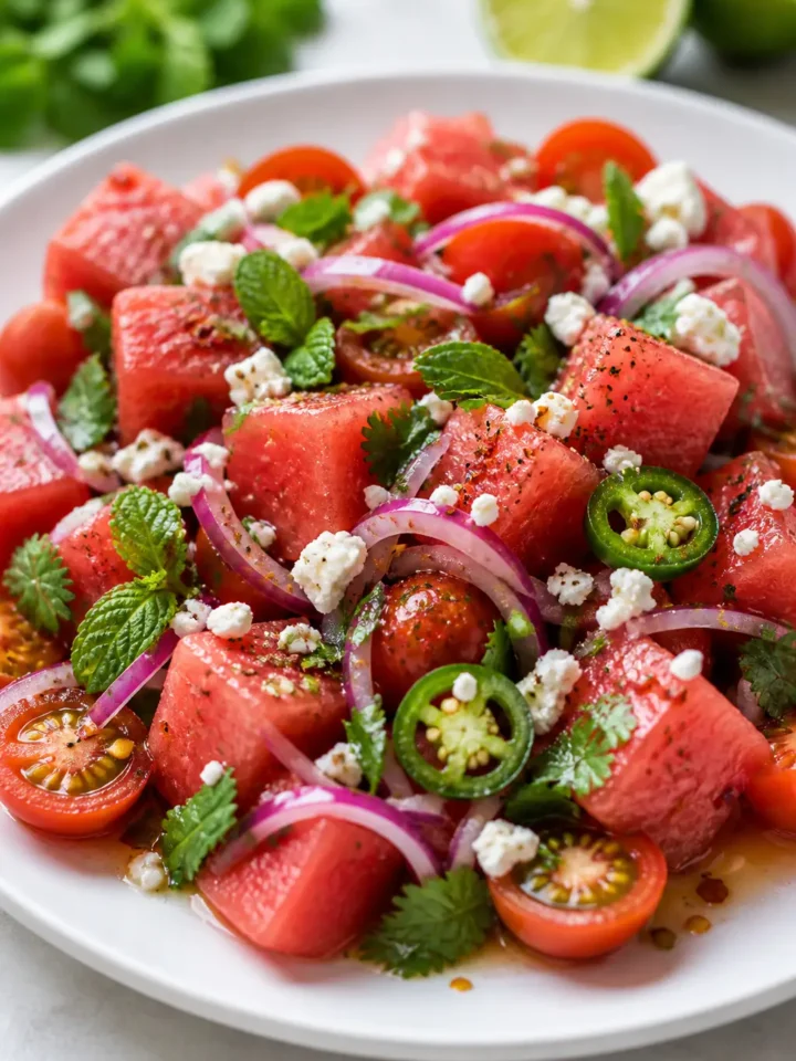 Spicy Watermelon Tomato Salad Recipe 1 Spicy Watermelon Tomato Salad finished dish