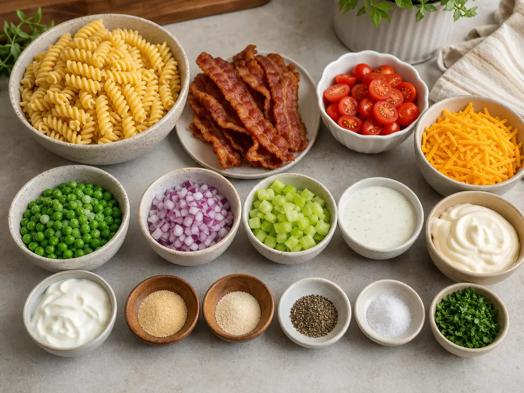 Bacon Ranch Pasta Salad Recipe for Potlucks 4 Bacon Ranch Pasta Salad ingredients